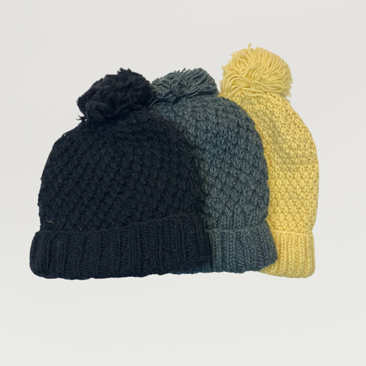 100% Wool Waffle Unisex Pom Pom Beanie Hat
