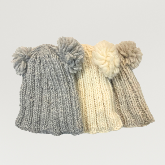 100% Wool Unisex 2 Pom Pom Beanie Hat Adults & Kids