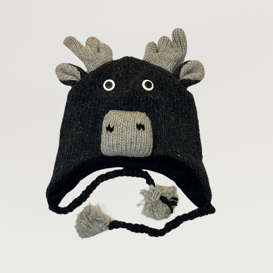 100% Wool Kids Moose Beanie Hat 2yrs - adults