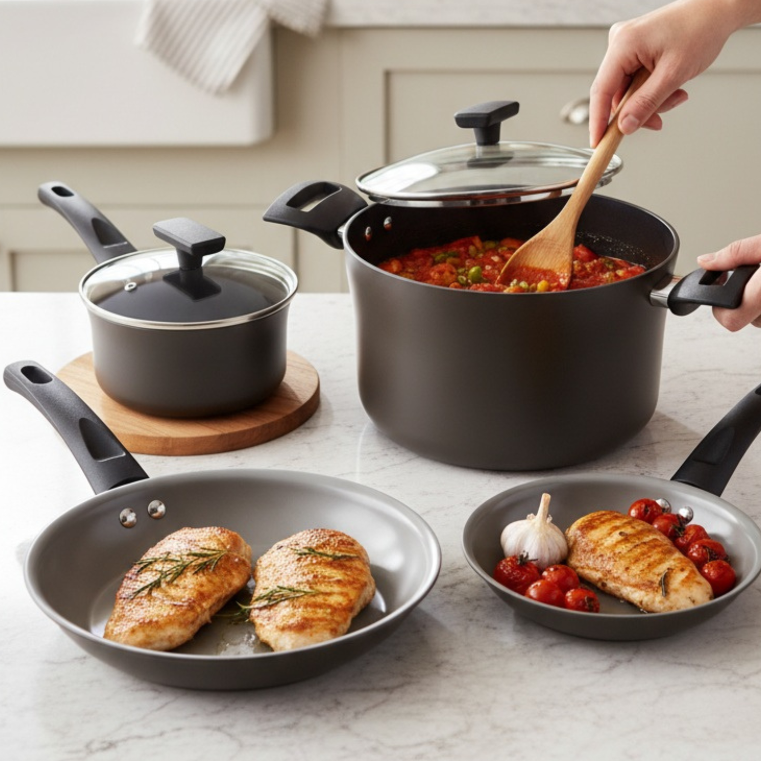Davis & Waddell non-stick cookware set recycled aluminium with frying pans and a pot cooking meals on kitchen countertop.