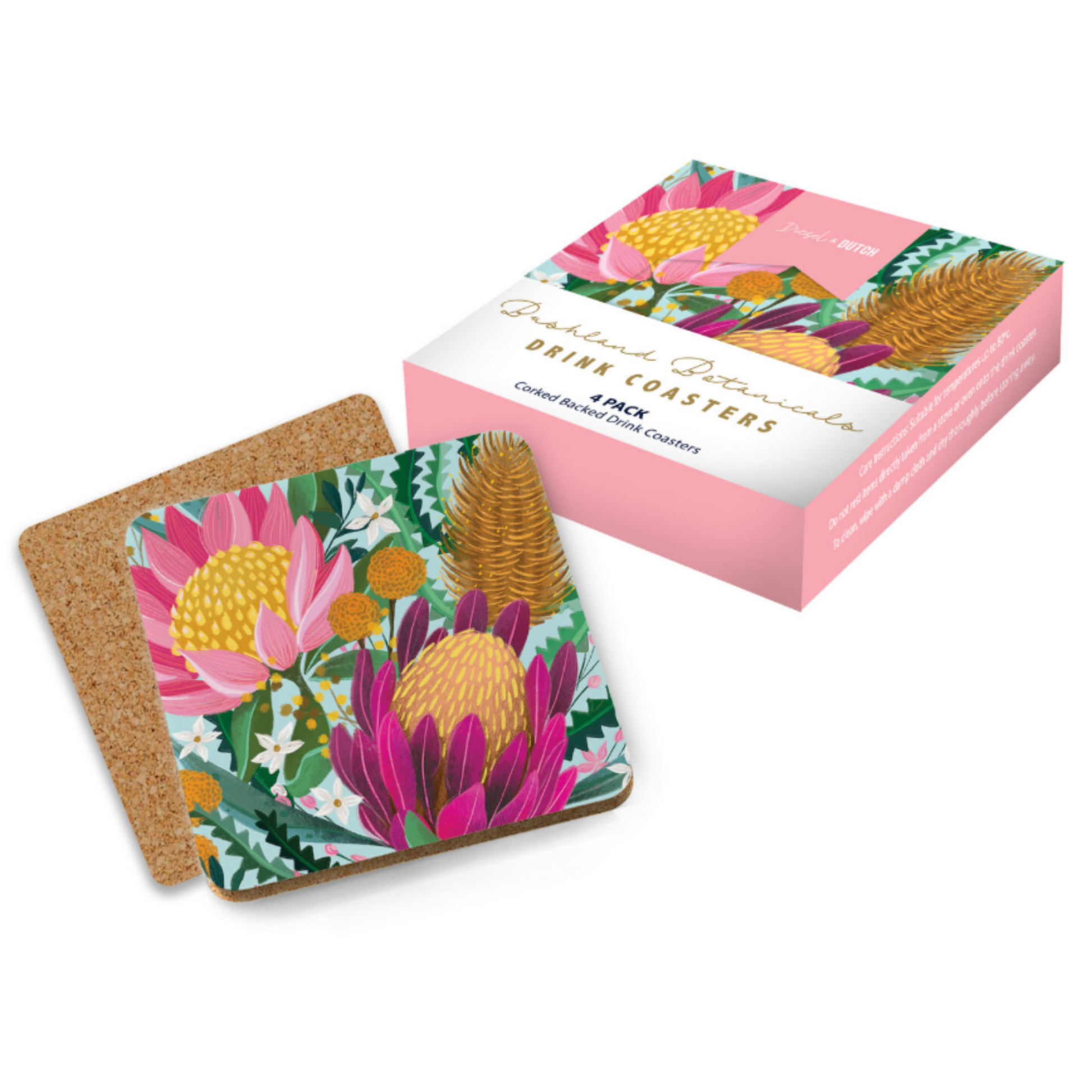 4pc Australian Botanical coasters with vibrant floral designs and cork backing, perfect for dining tables.