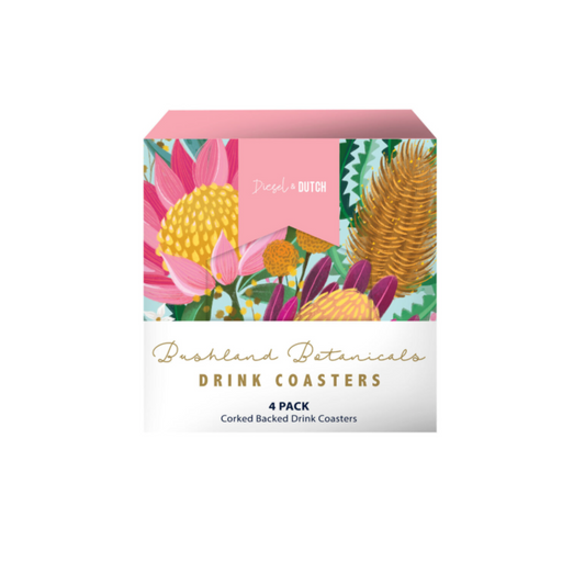 Australian Botanical Drink Coasters 4-Pack by Diesel and Dutch, featuring vibrant native floral illustrations and cork backing.
