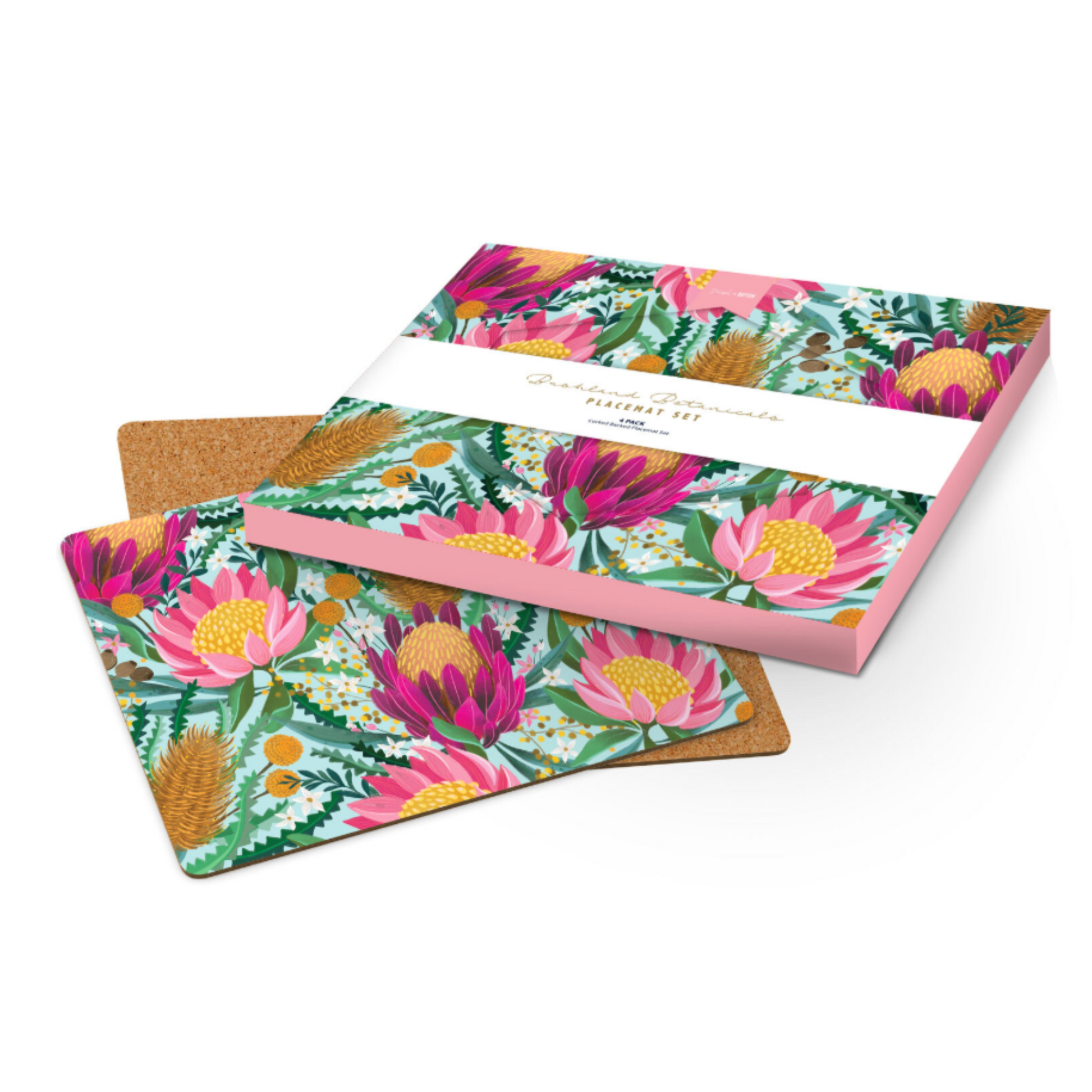 4pc Australian Botanical cork-backed placemats in floral packaging, ideal for dining table protection.