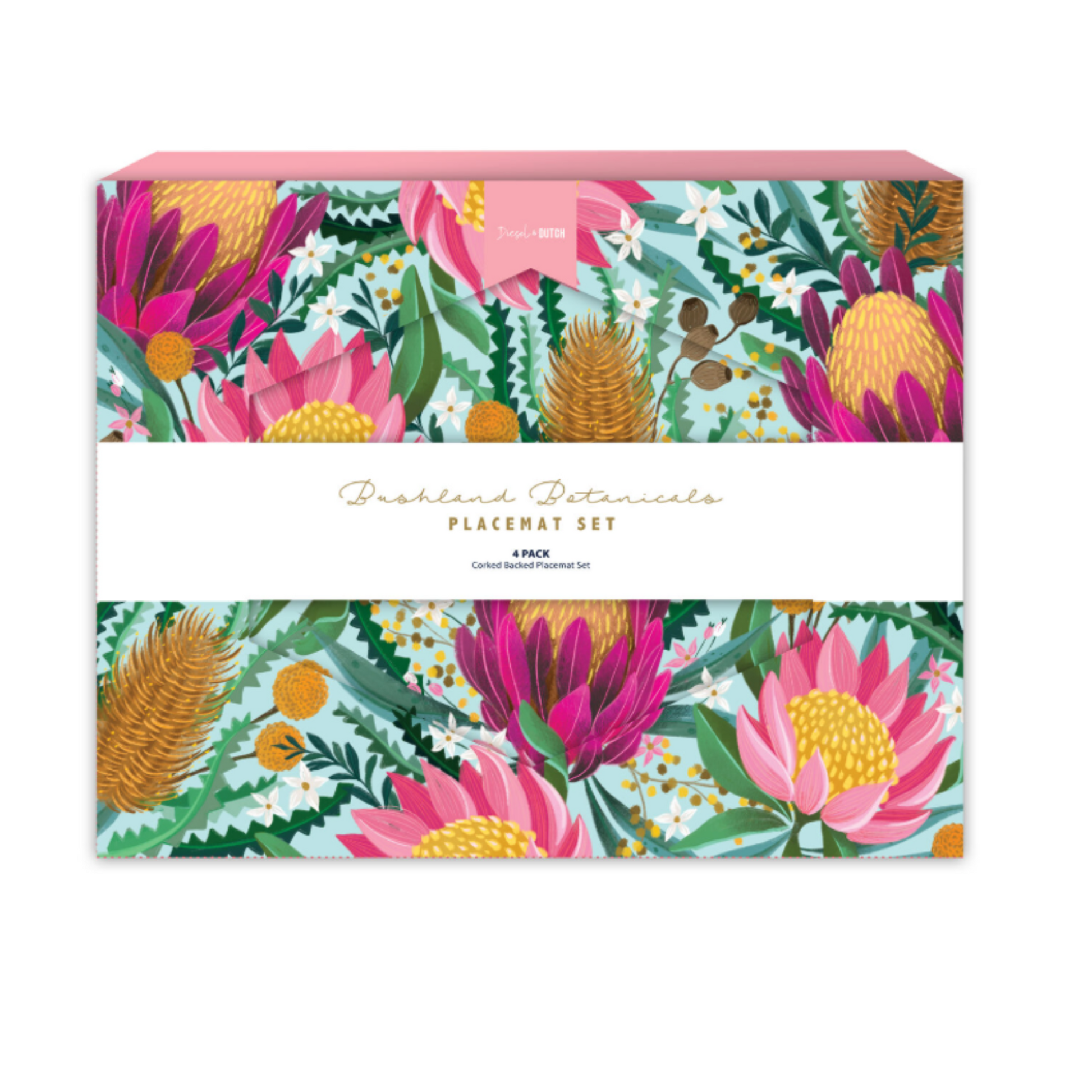 4-piece Australian botanical placemat set showcasing vibrant floral designs on a decorative box.