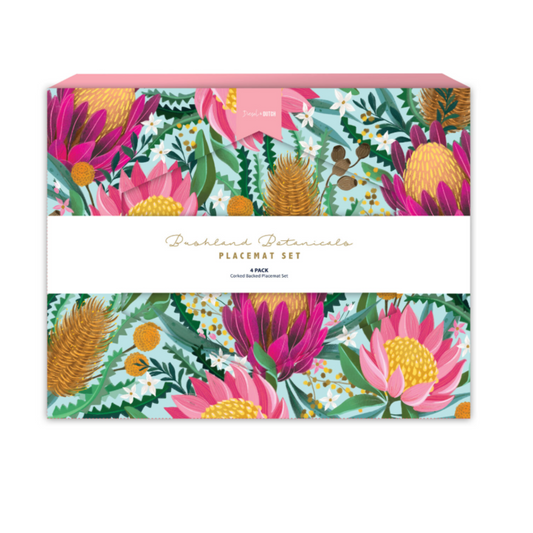 4-piece Australian botanical placemat set showcasing vibrant floral designs on a decorative box.