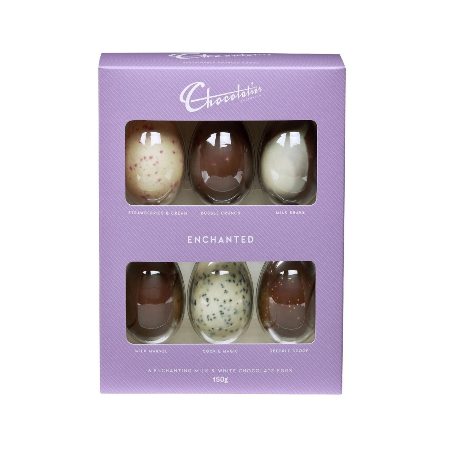 Easter egg selection 6 pack featuring assorted flavored chocolate eggs in a lovely box.