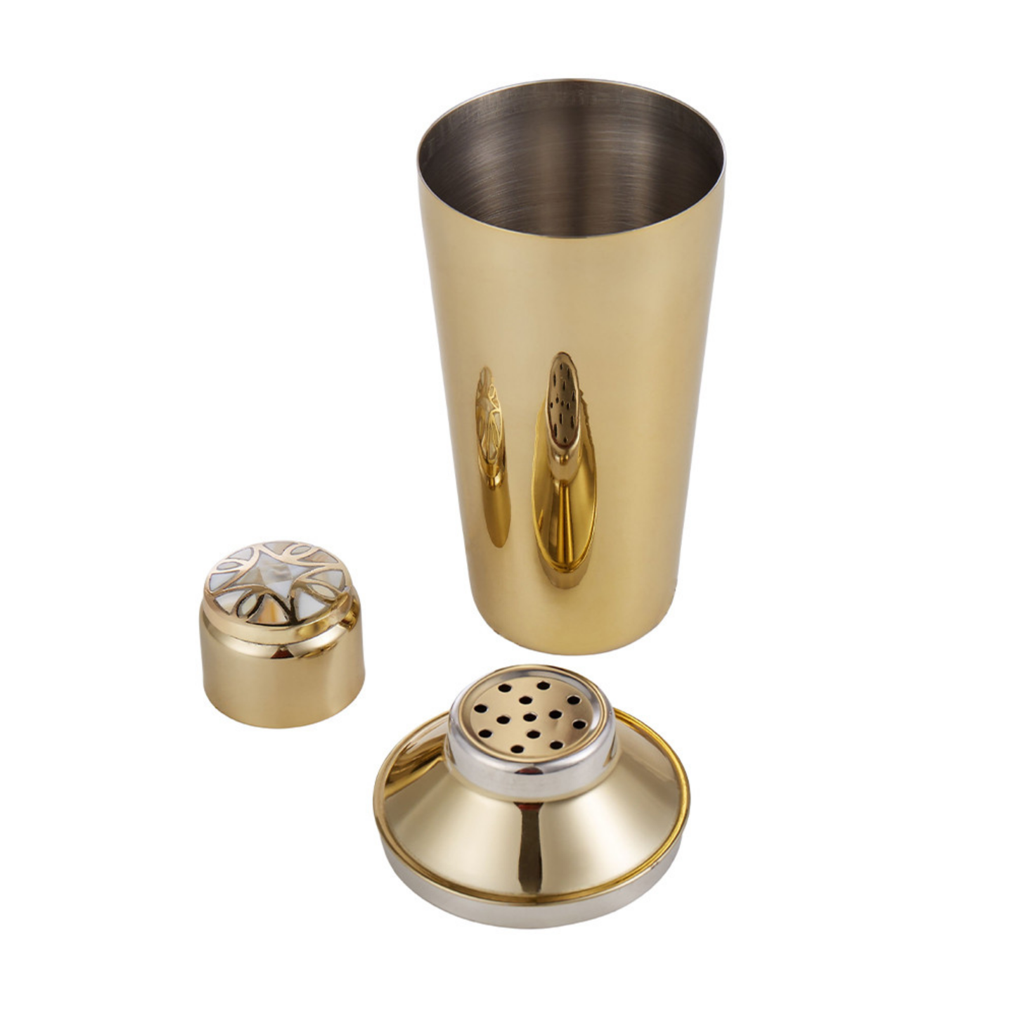 Mother of Pearl Cocktail Shaker featuring a gold stainless steel body with strainer and lid.