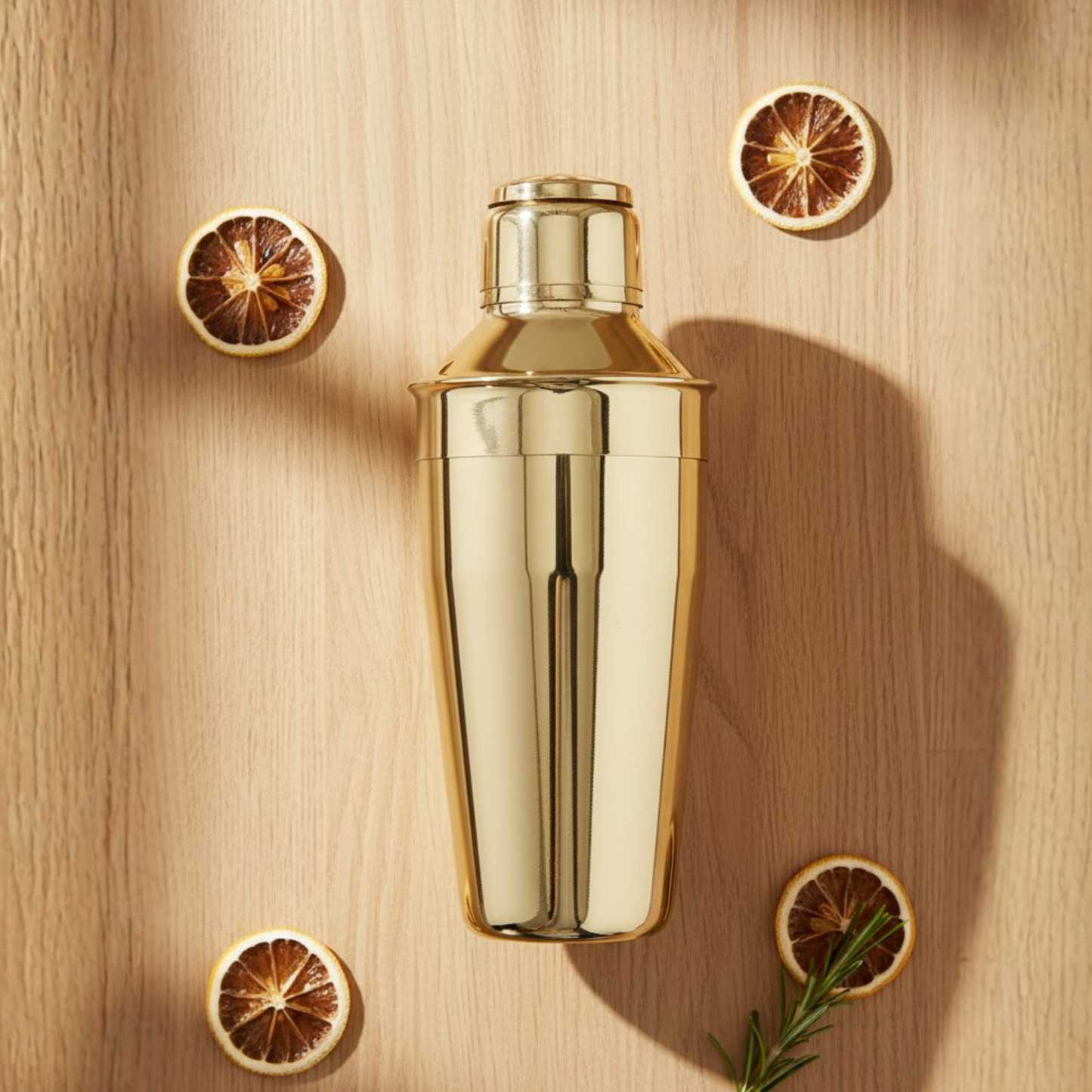 Mother of Pearl Cocktail Shaker in gold surrounded by dried citrus slices on wooden table.