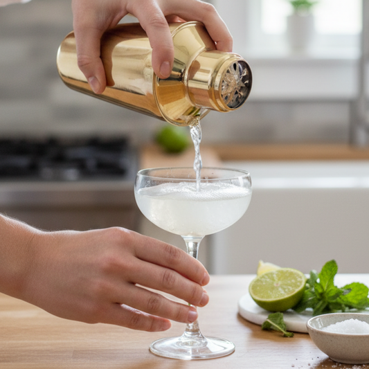 A hand pouring a cocktail from a gold mother of pearl cocktail shaker into a glass, ready to serve.