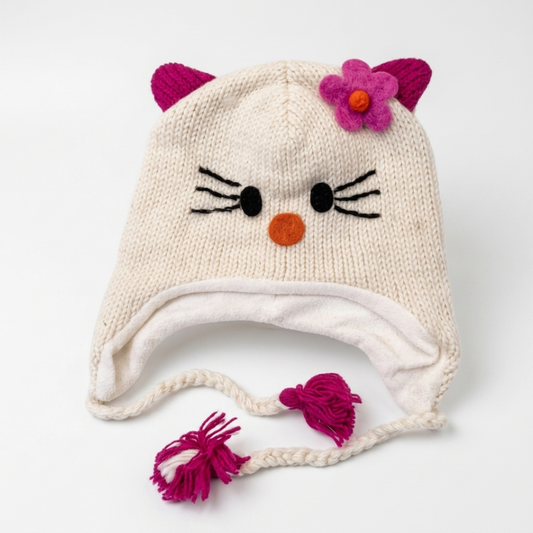 100% Wool Kids Hello Kitty Beanie Hat 2yrs - adults