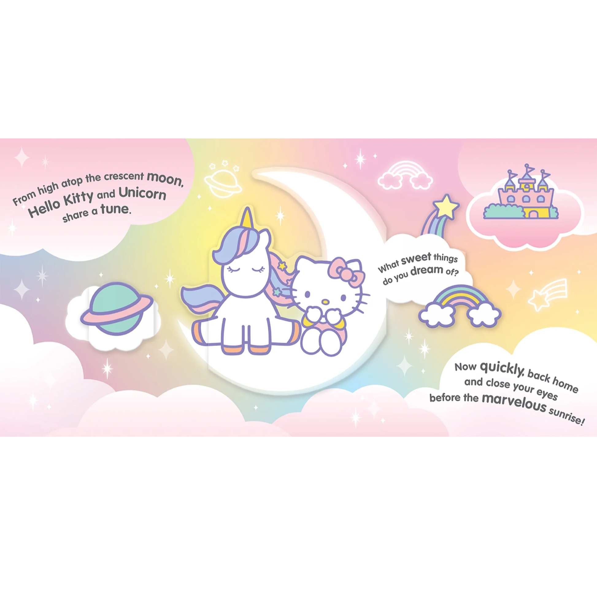 Hello Kitty pop-up book illustration featuring Hello Kitty with a unicorn on a crescent moon with colorful background.
