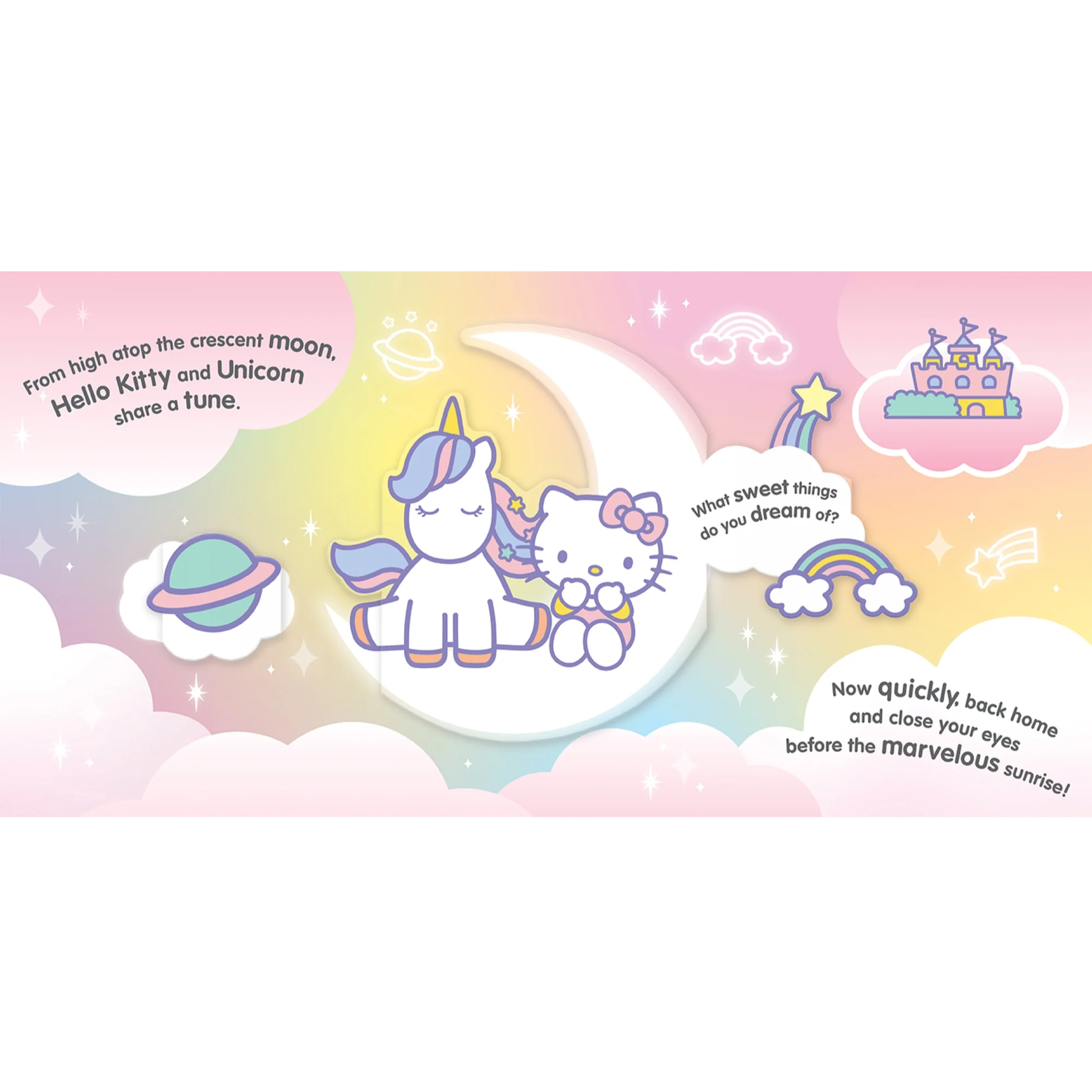 Hello Kitty pop-up book page featuring Hello Kitty and a unicorn sharing a tune on a crescent moon.