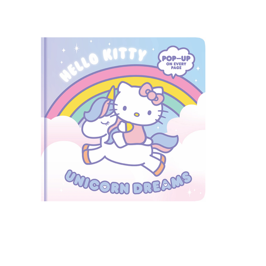 Hello Kitty pop-up book featuring Hello Kitty and a unicorn under a rainbow background.