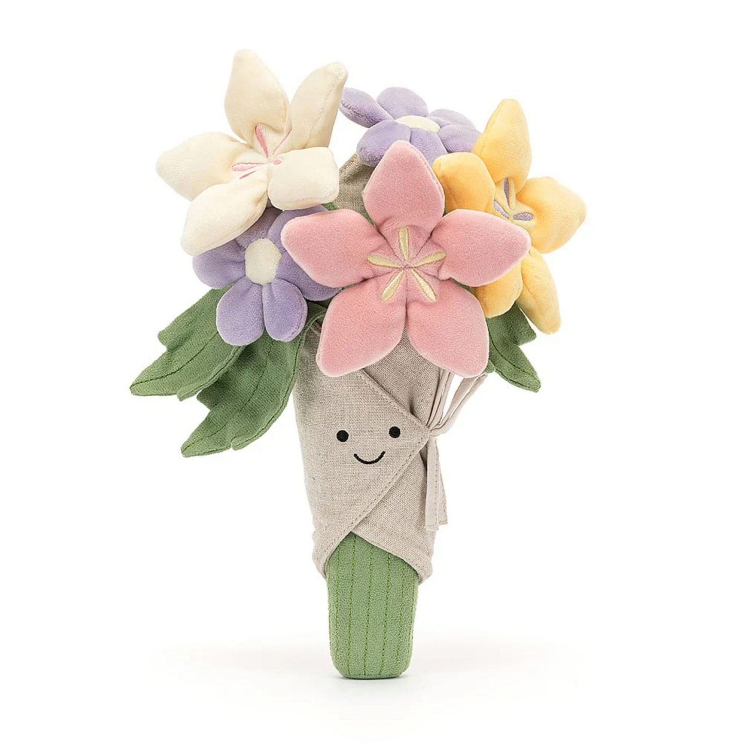 Jellycat Amuseable Bouquet of Flowers plush toy with colorful blooms and a smiley face in hessian wrap.