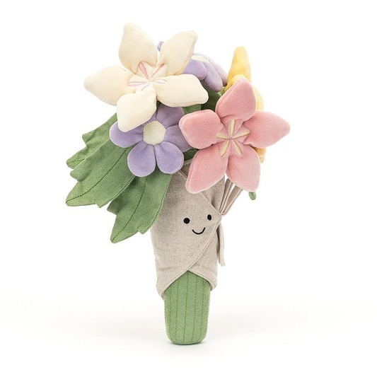 Jellycat Amuseable Bouquet of Flowers plush toy with colorful blooms and hessian wrap, perfect gift of love.