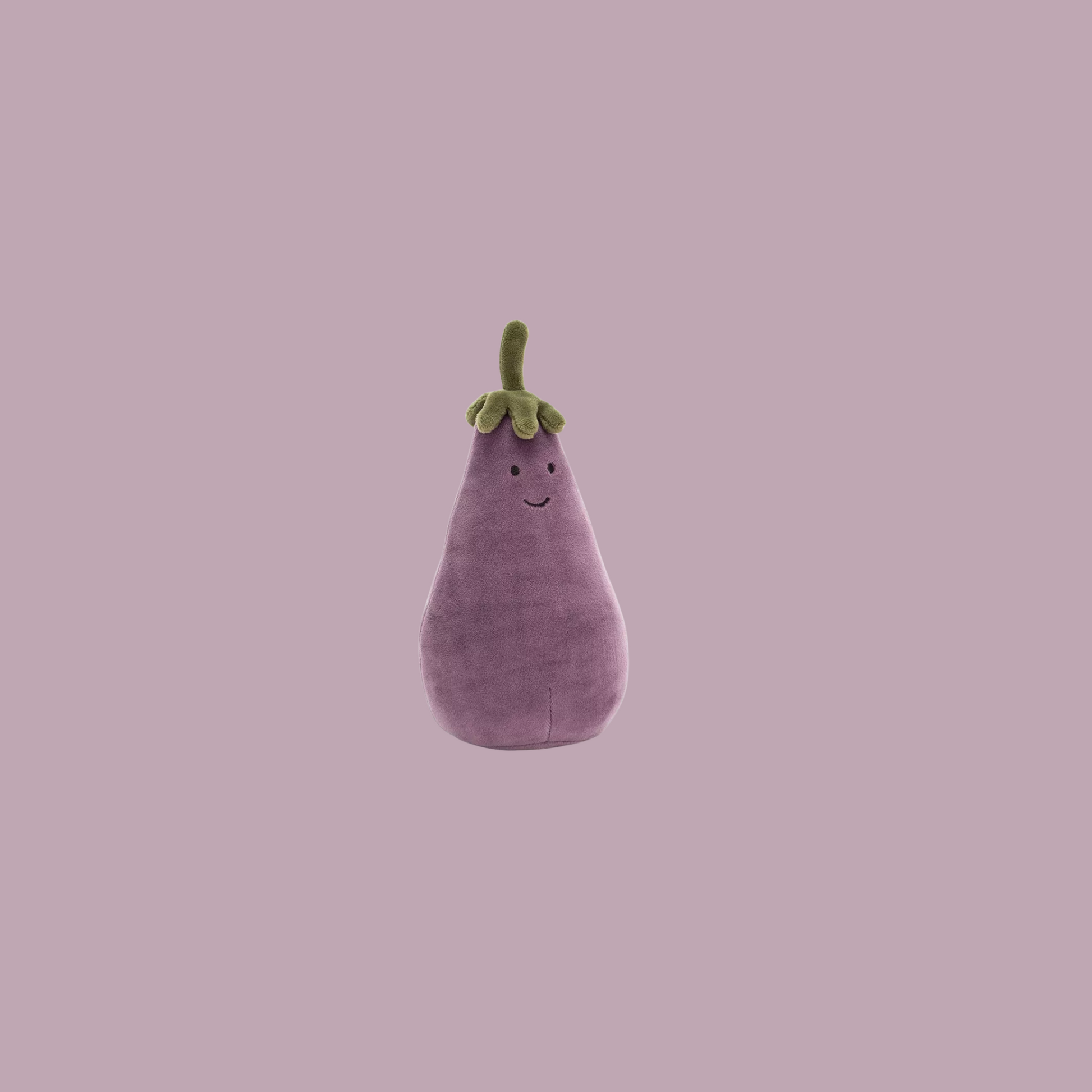 Jellycat Vivacious Vegetable Eggplant plush toy with smiley face and green leaves, perfect for hugs and gifts.