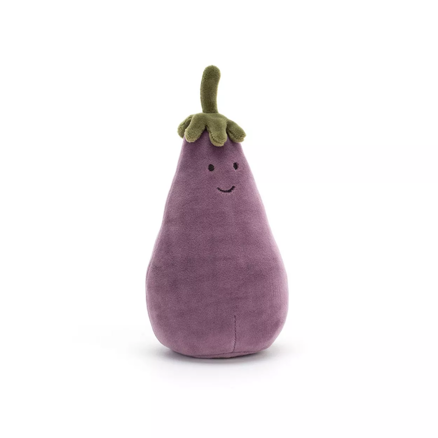 Jellycat Vivacious Vegetable Eggplant plush toy with a smile, perfect for hugs or as a bedside friend.