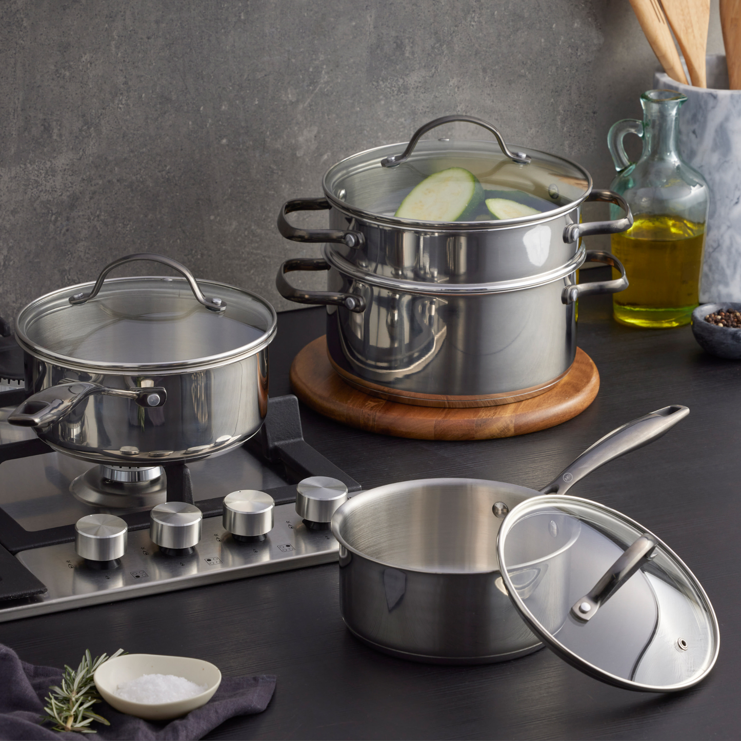 MasterPro 4Pcs Cookware Set Stainless Steel Saucepan Casserole Universal Steamer