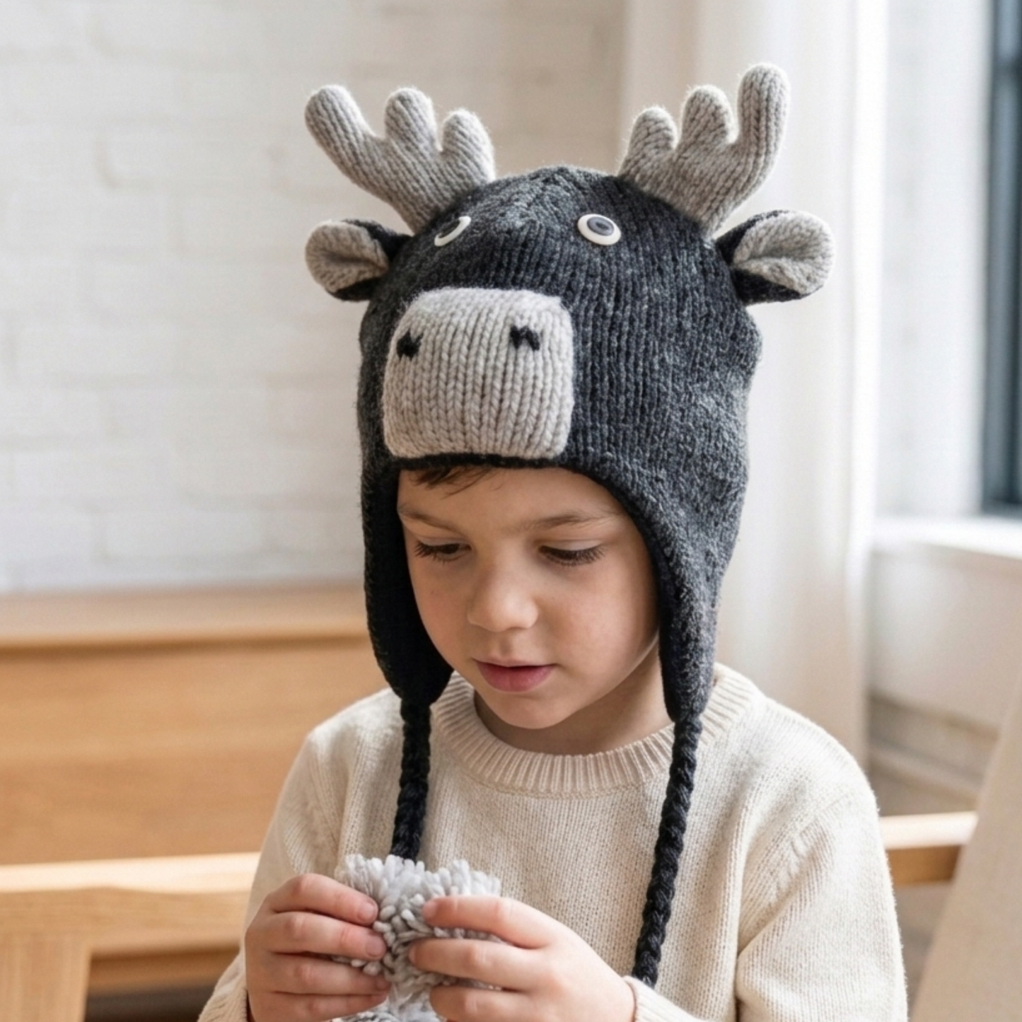 100% Wool Kids Moose Beanie Hat 2yrs - adults