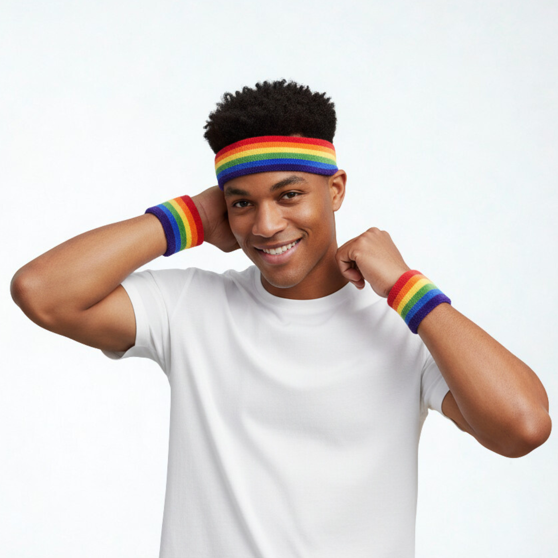 Smiling young man wearing rainbow accessories for pride headband and wristbands.