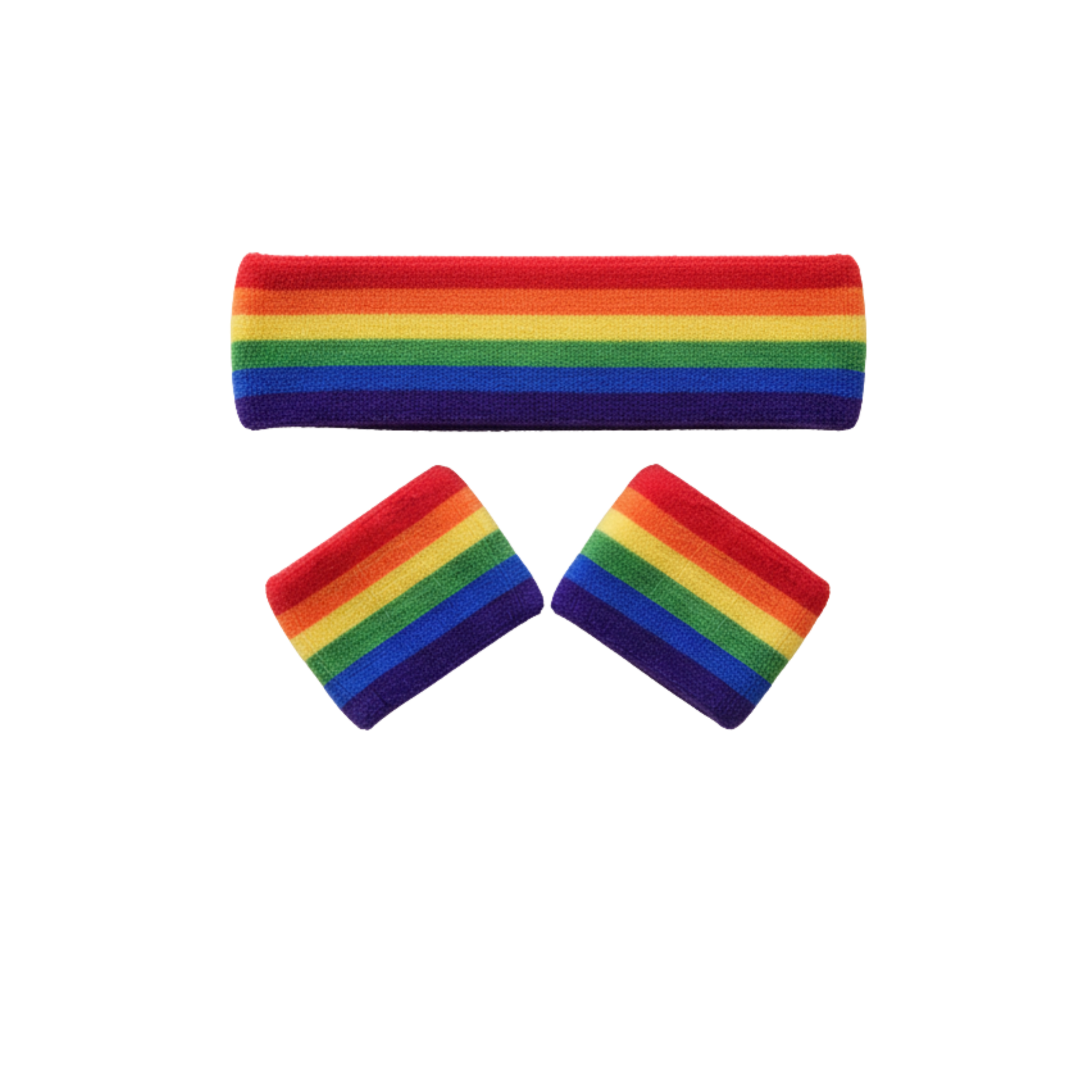 Pride Rainbow Sweatbands set, colorful headband and wristbands, perfect rainbow accessories for pride events.