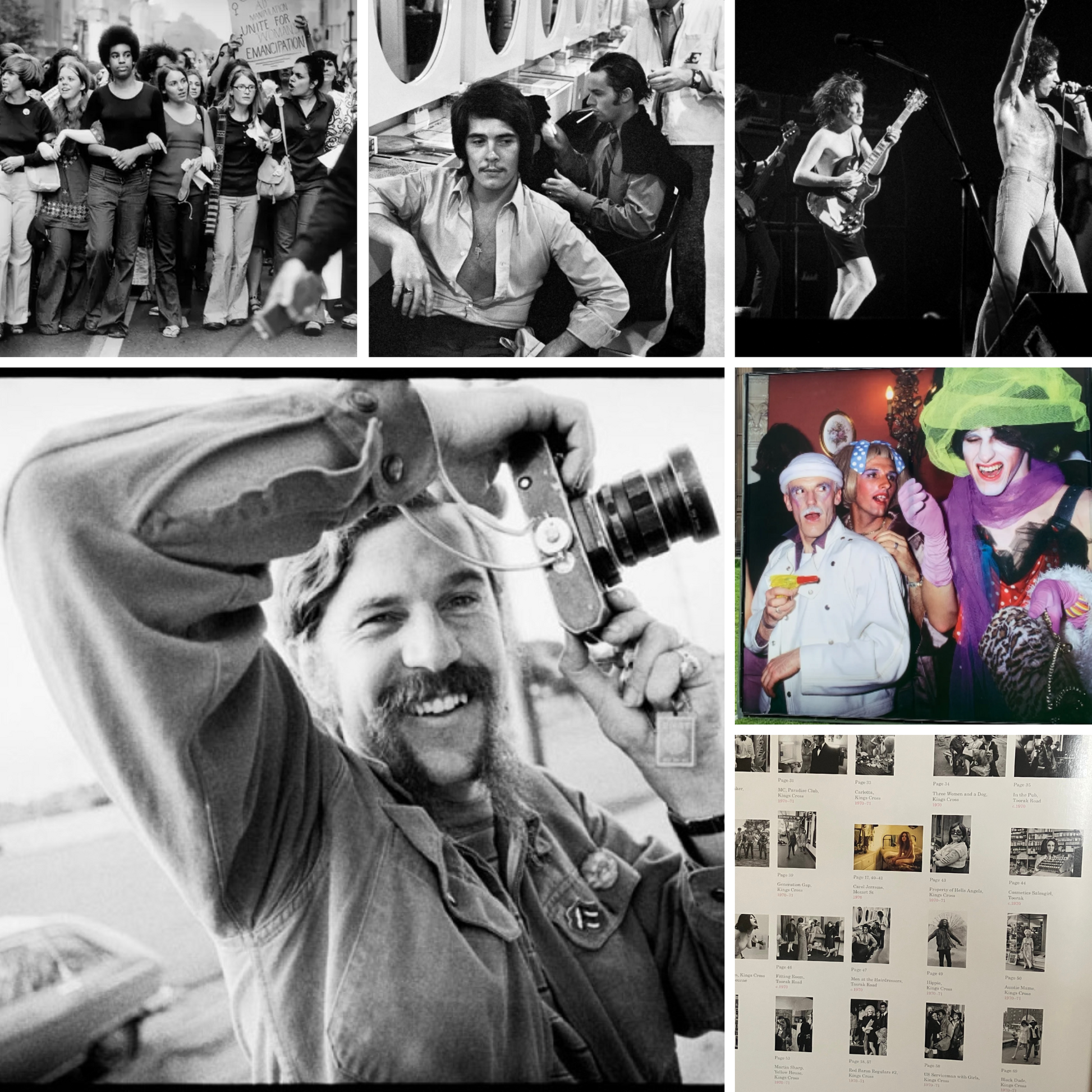 Collage of iconic 1970s-1980s photos highlighting Australian life and culture, featuring musicians, celebrations, and candid moments.