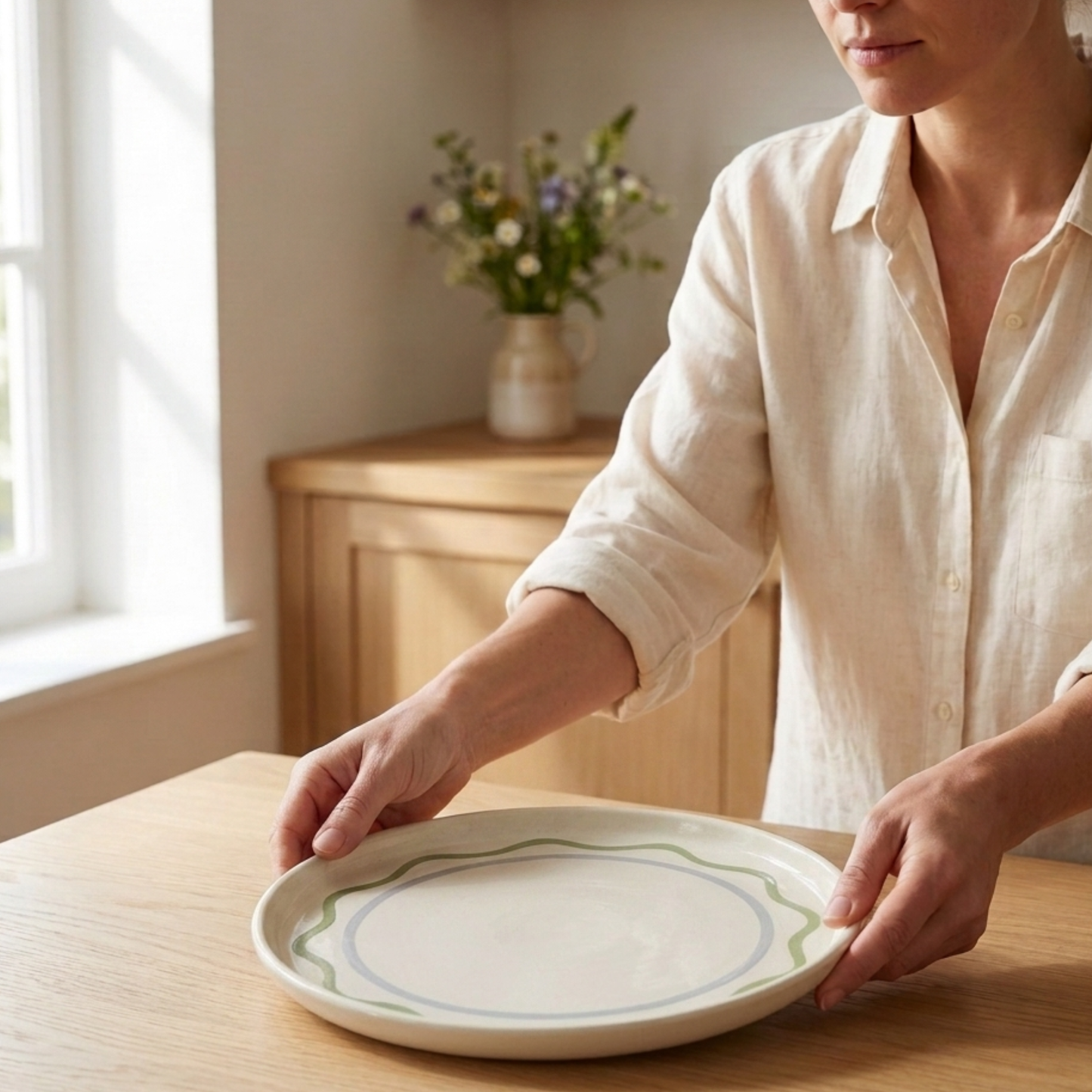 Summer Ribbon Round Platter -Green/Cream