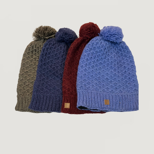 100% Wool Unisex Pom Pom Slouch Beanie Hat Adults & Kids