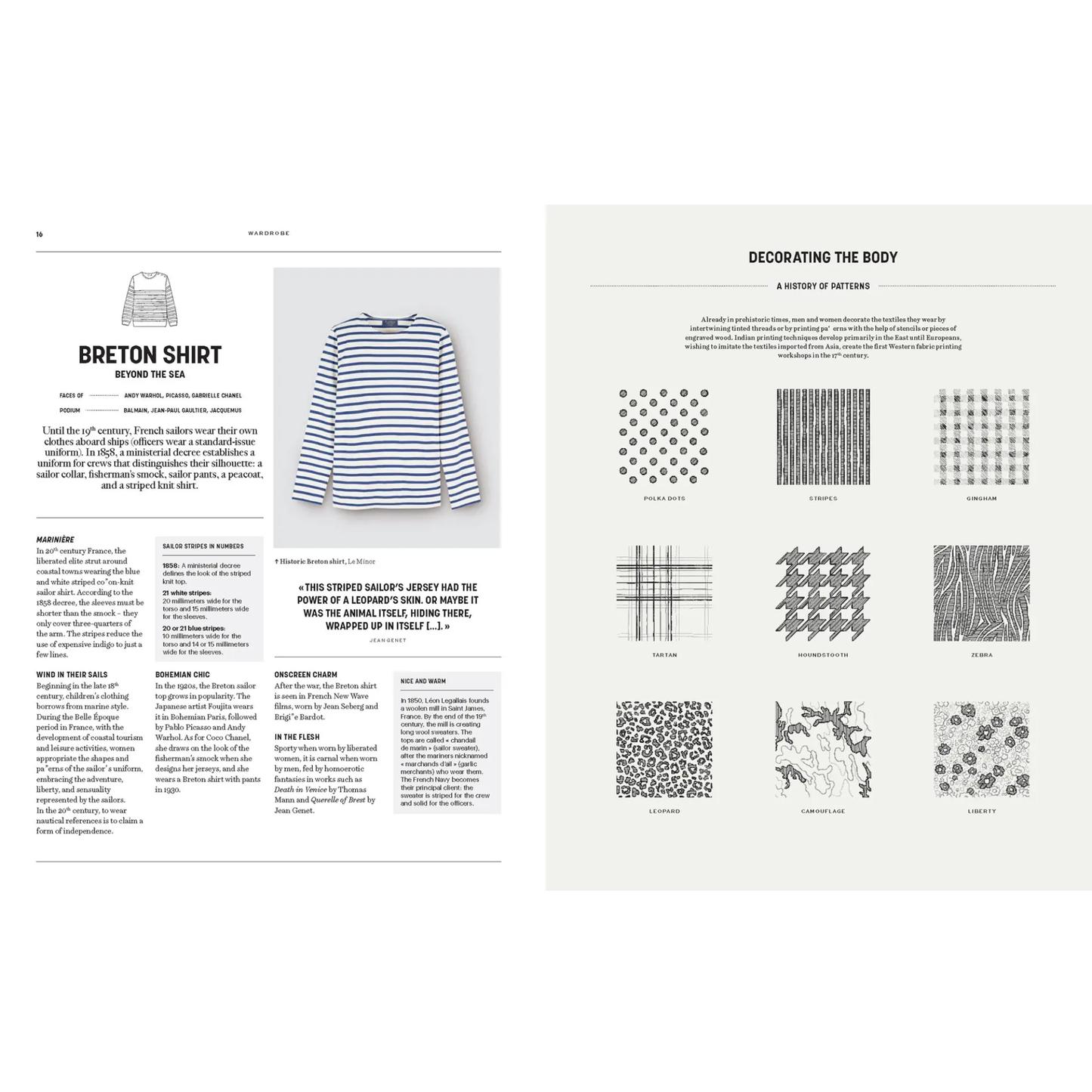 Image of a page from a fashion anthology book featuring a breton shirt and various patterns.
