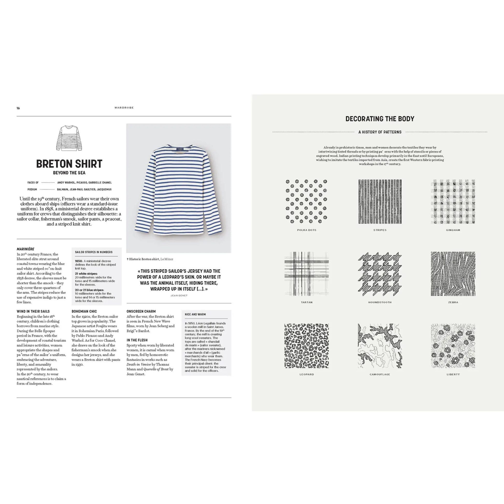 Image of a page from a fashion anthology book featuring a breton shirt and various patterns.