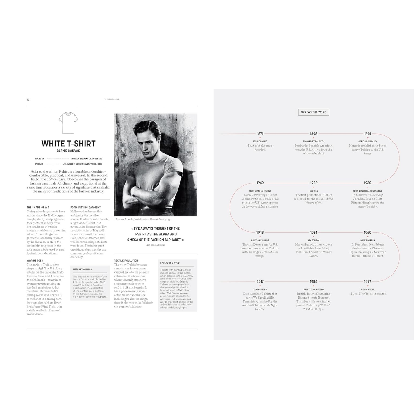 Page from "Timeless: A Fashion Anthology Book" detailing the history of the white T-shirt and fashion timelines.