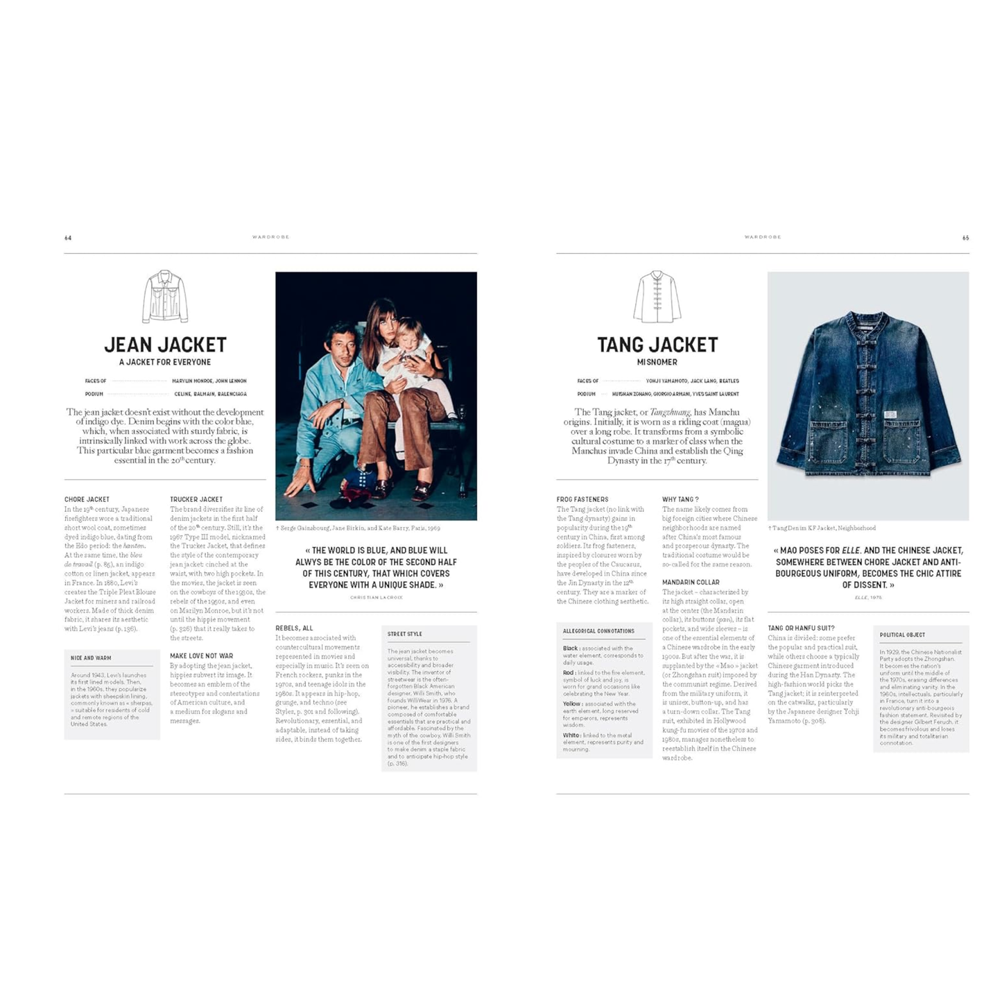 Pages from a fashion anthology book featuring jean and tang jacket details and descriptions.