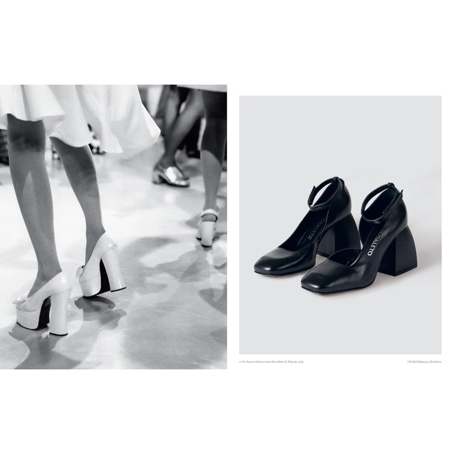 Fashion anthology book showcasing iconic high-heel shoes in a runway setting and stylish black pumps.
