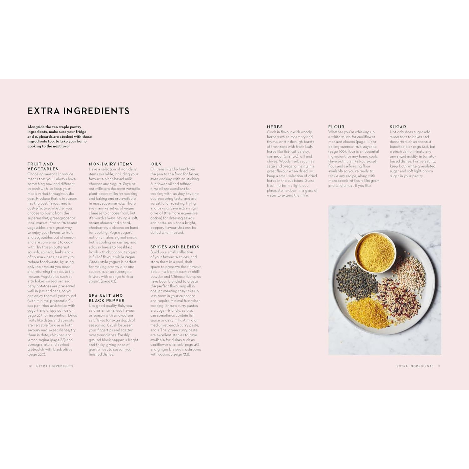 Vegan pantry cookbook page showing extra ingredients, including fruits, vegetables, spices, and oils for plant-based cooking.