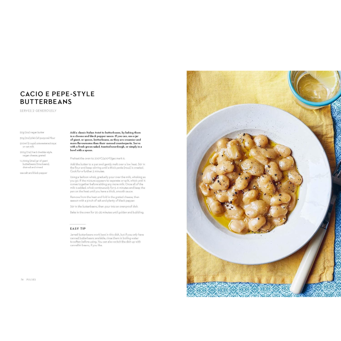 Cacio e Pepe-style butterbeans recipe from the Vegan Pantry Cookbook by Katy Beskow.