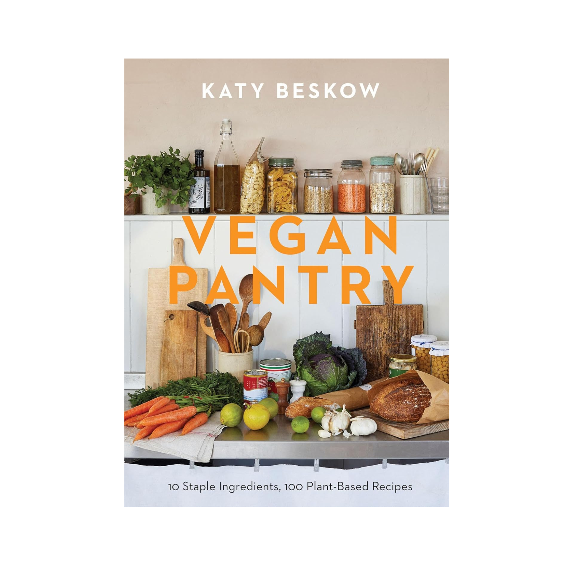 Vegan Pantry Cookbook by Katy Beskow showcasing 10 staple ingredients for 100 plant-based recipes.