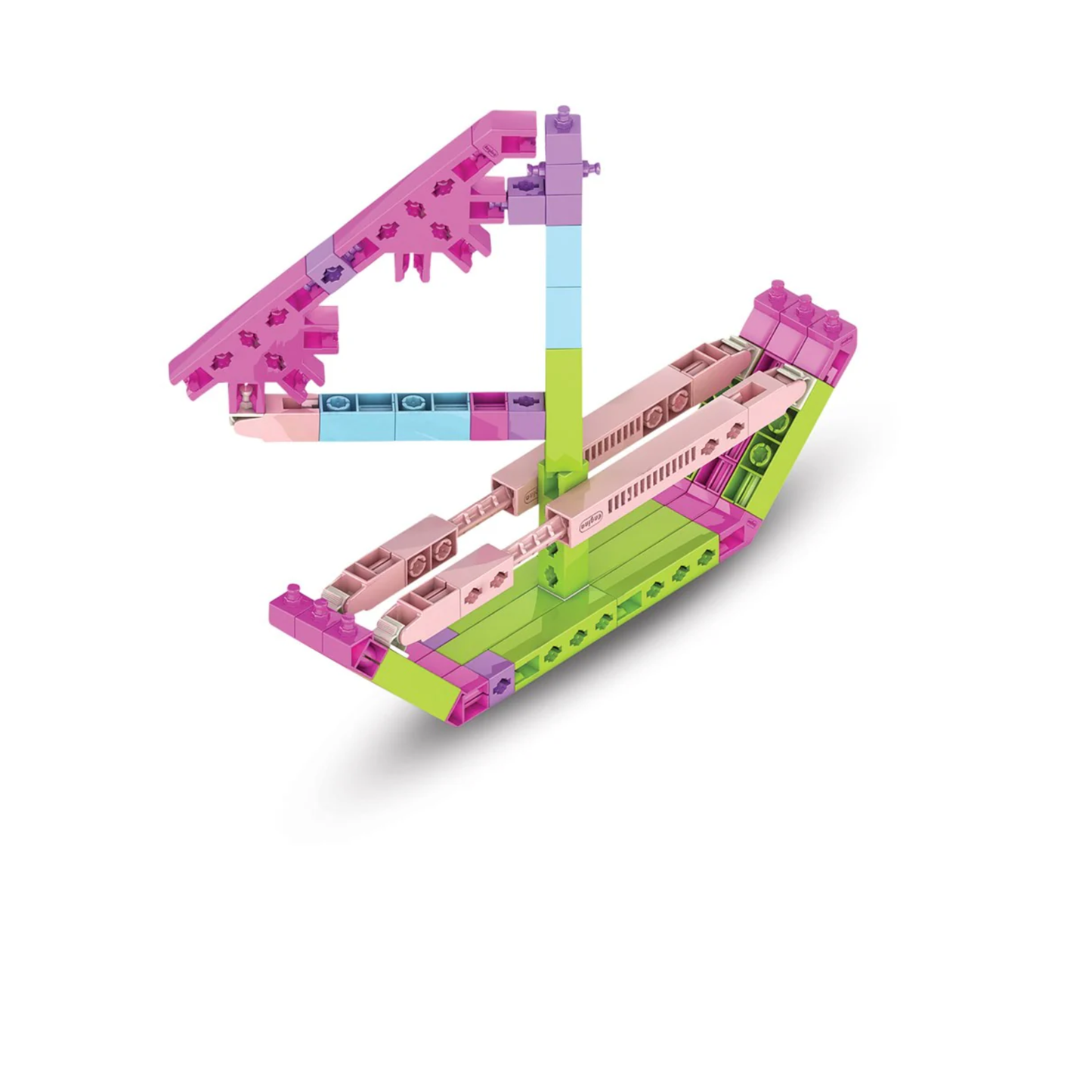Colorful model sailboat built from a STEM activity kit for girls, featuring snap-fit pieces and a creative design.