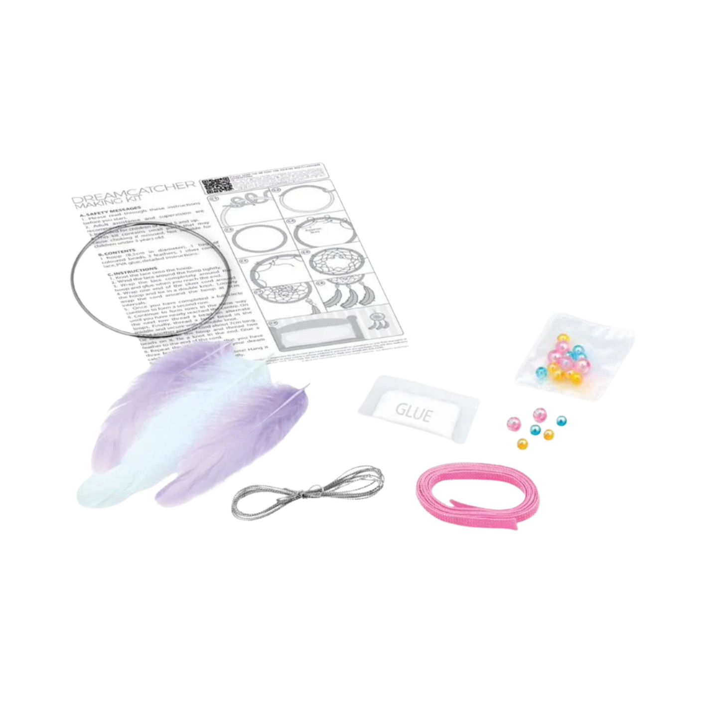 Dreamcatcher Activity Kit components including hoops, beads, feathers, glue, and instructions.