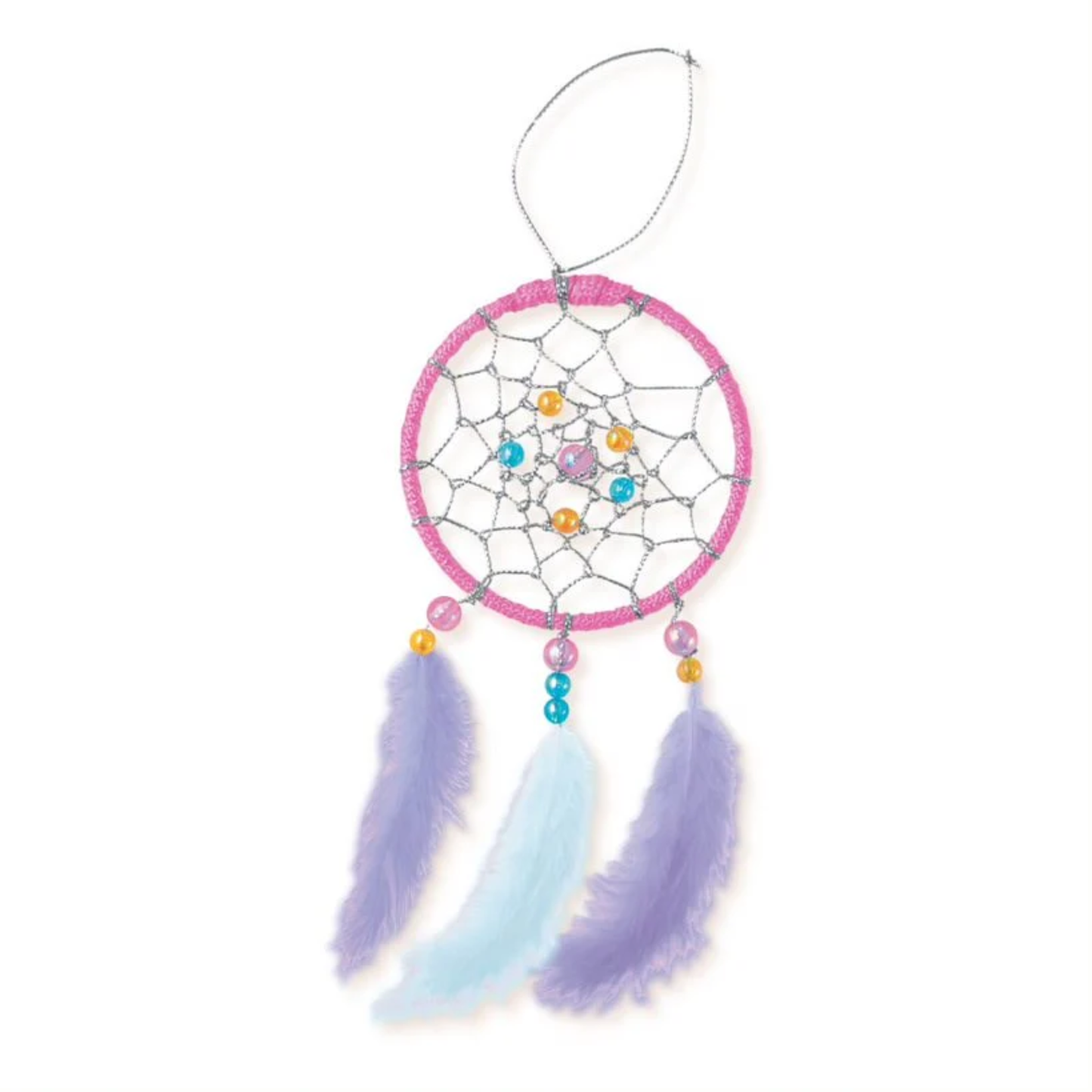 Colorful dreamcatcher from the Dreamcatcher Activity Kit, featuring beads and feathers, perfect for kids' room decor.