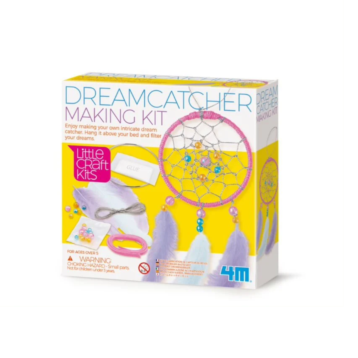 Dreamcatcher activity kit for creative kids, includes beads, feathers, glue, and instructions to make a unique dream catcher.