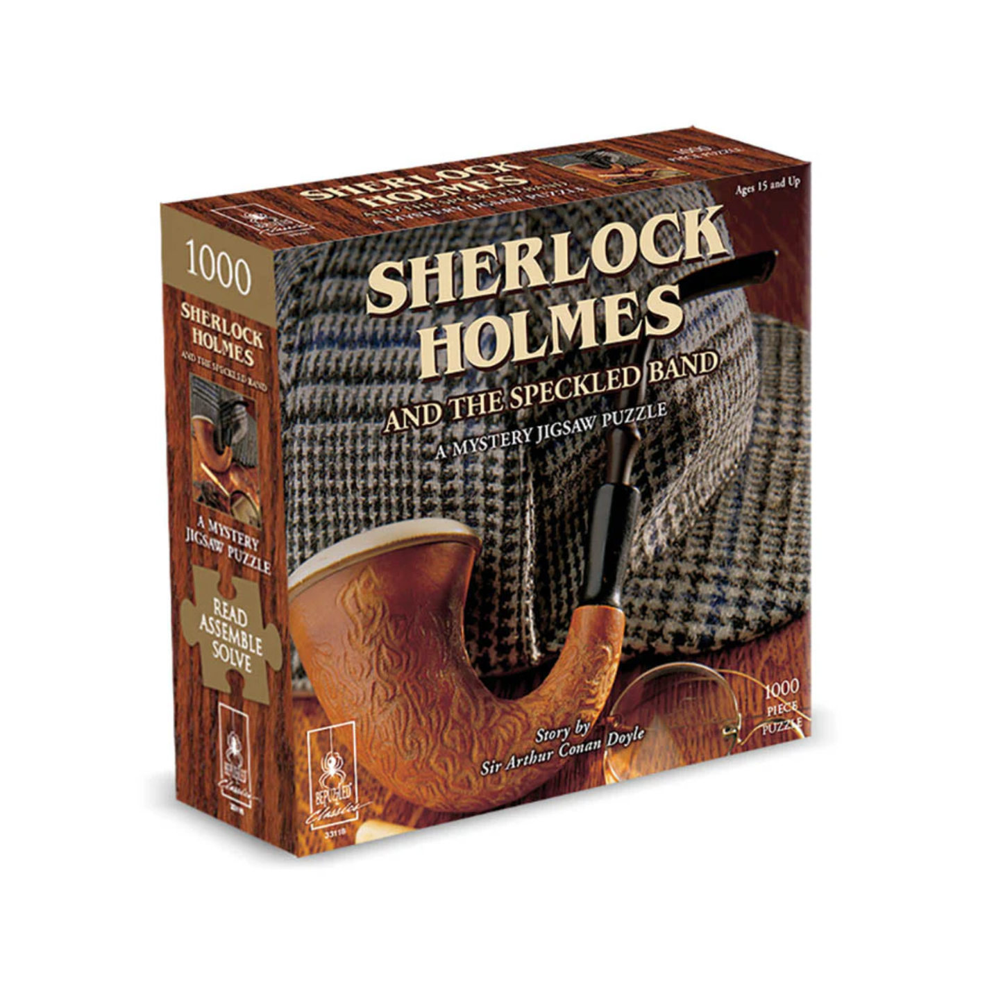 Sherlock Holmes 1000 piece jigsaw puzzle box featuring iconic pipe and checkered hat.